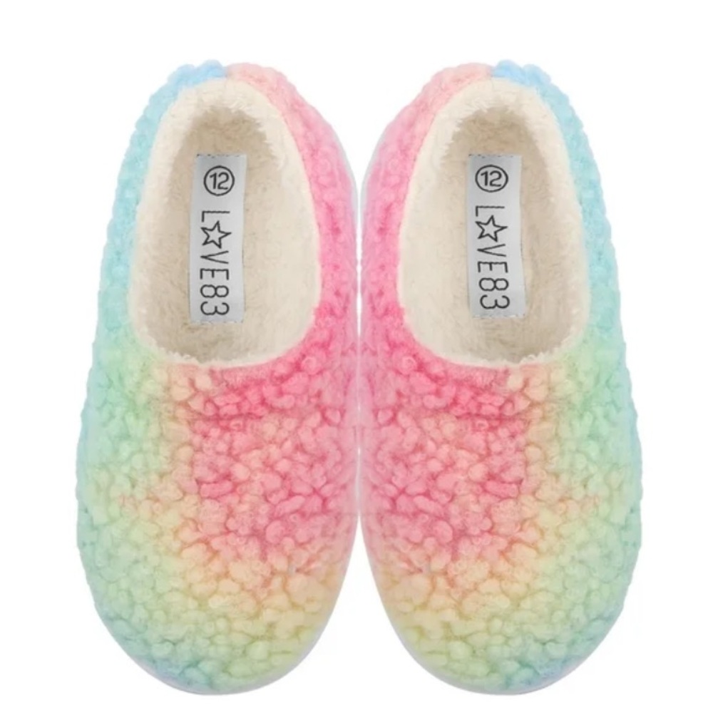 LOVE83 Teddy Sherpa Rainbiw Fluffy Slippers Booties Shoes -NWTS